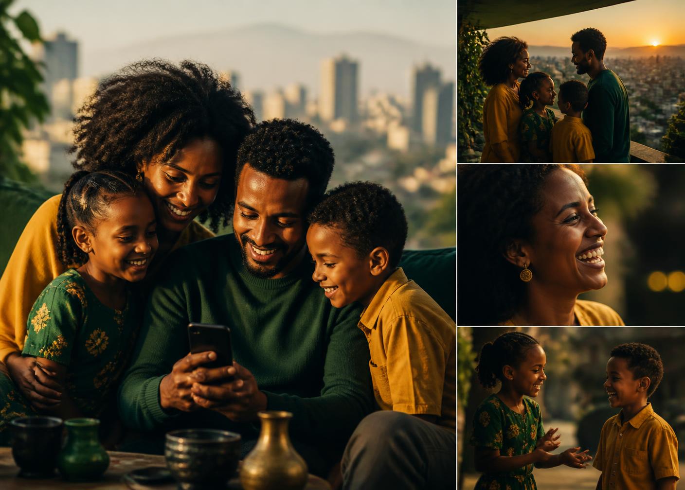 Family in Addis Ababa receiving a transfer notification on a phone